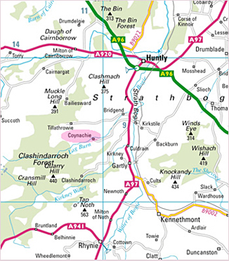 Local map showing Coynachie Guest House