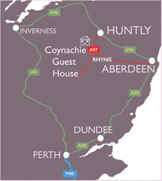 Map of Scotland showing Coynachie Guest House